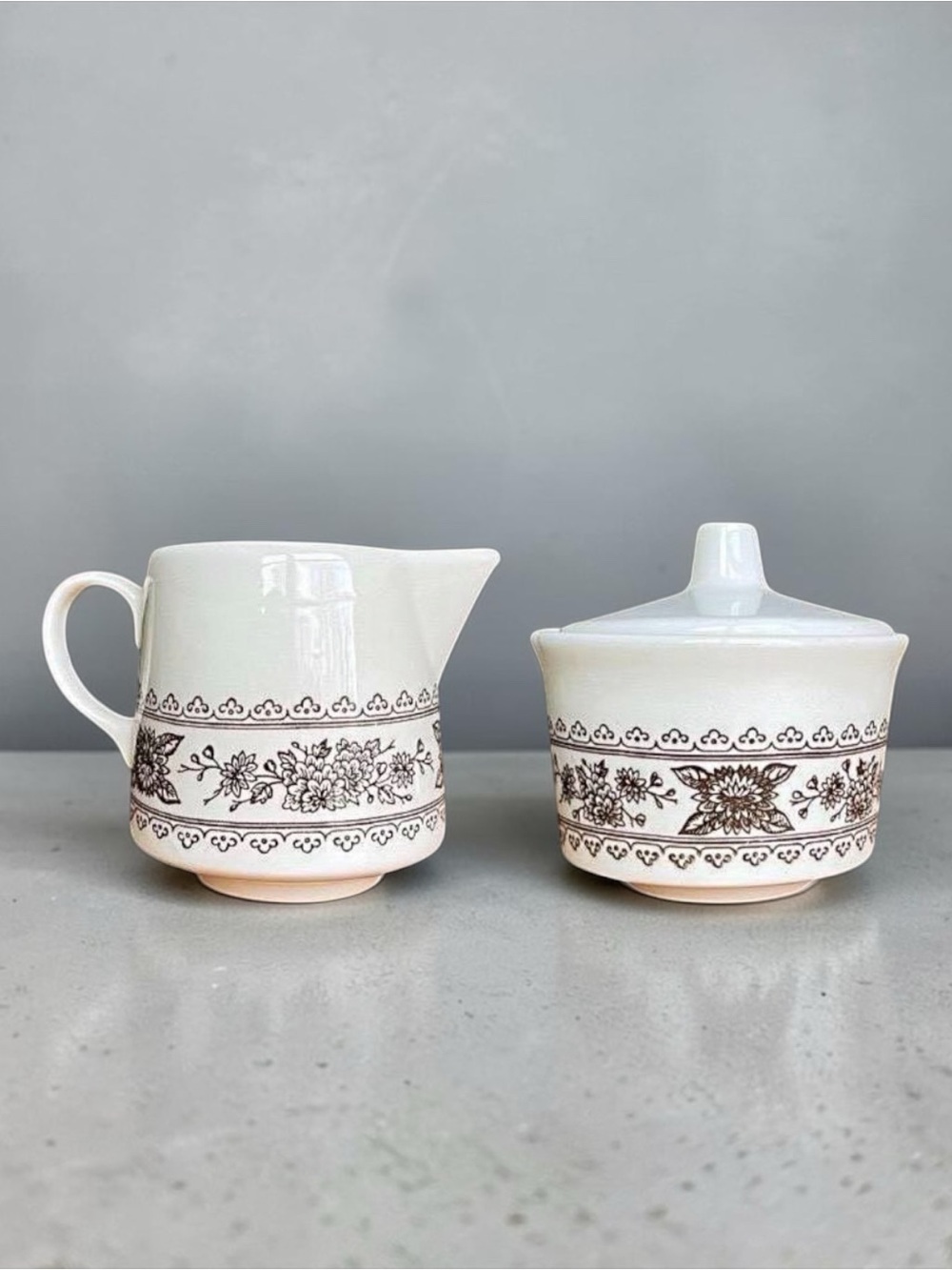 Vintage Royal China USA Hampshire Ceramic Creamer Sugar Bowl Set Brown Floral